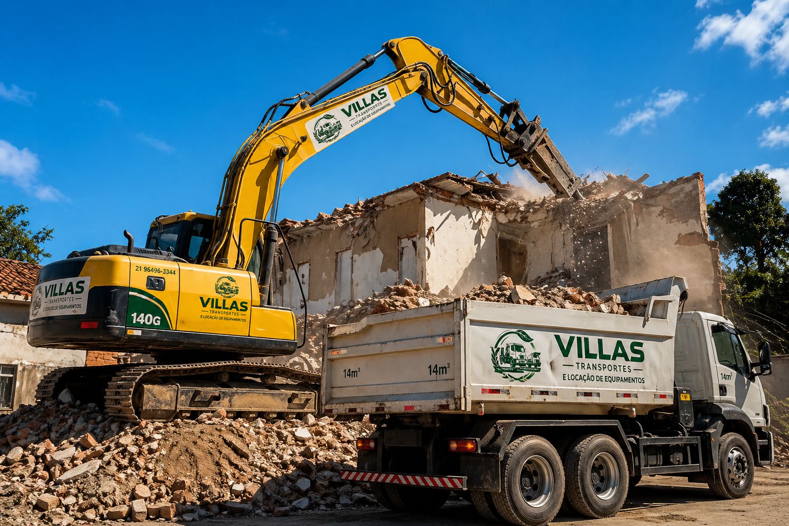 Equipe Villas Transportes em operação de demolição e remoção de entulho